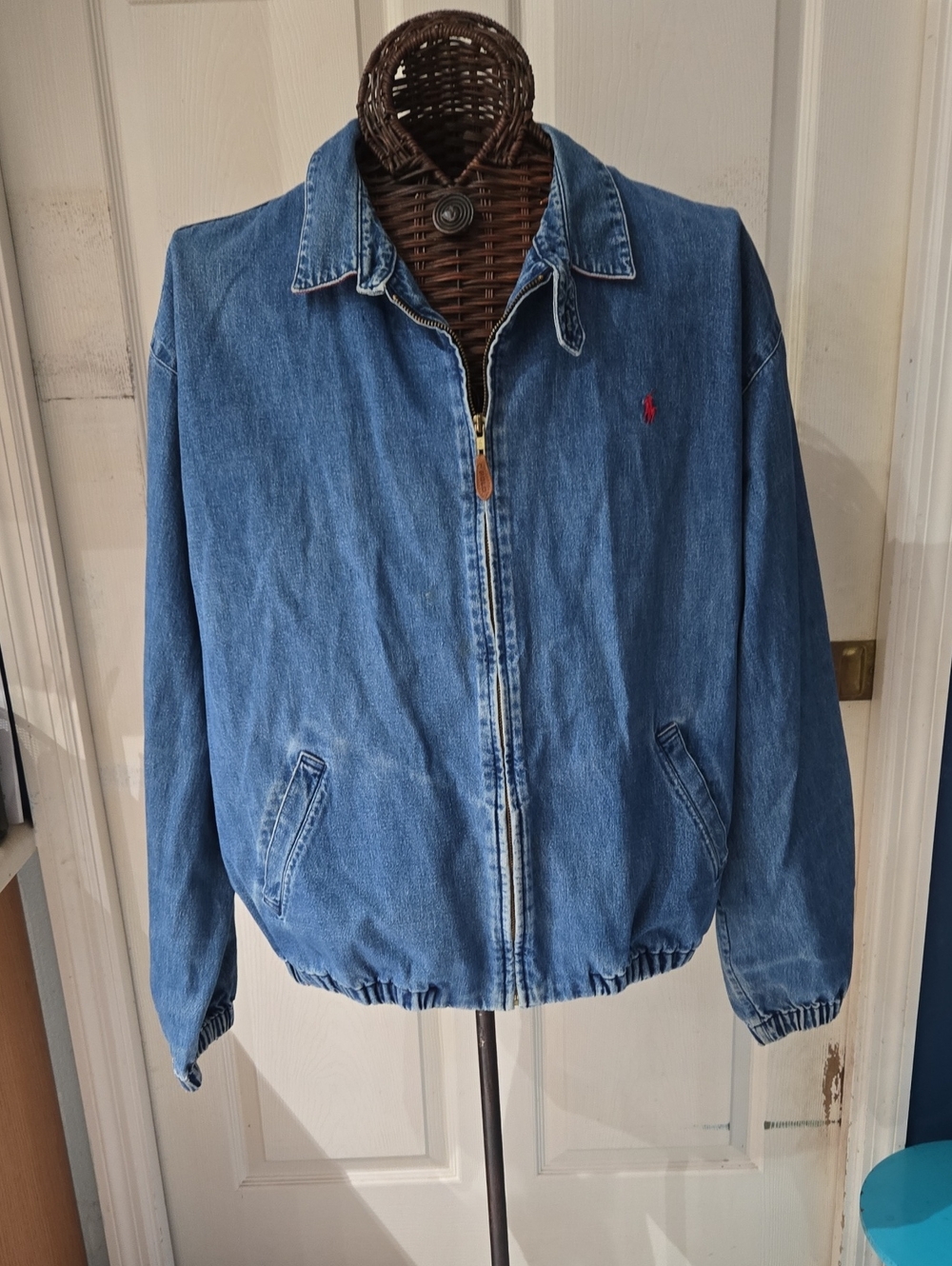 Ralph Lauren Blue Denim Zip Bomber Jacket with Red Polo Logo-Size XXL
